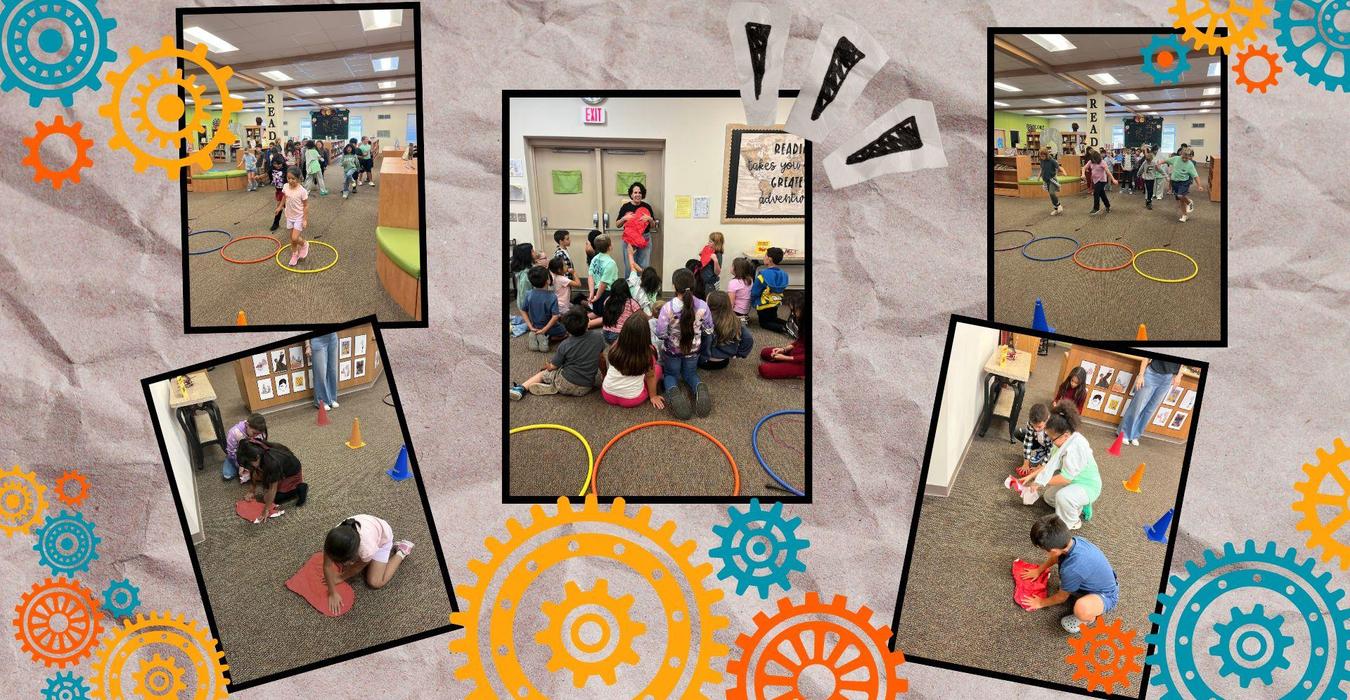 Students participating in various group activities with colorful hoops and cones.