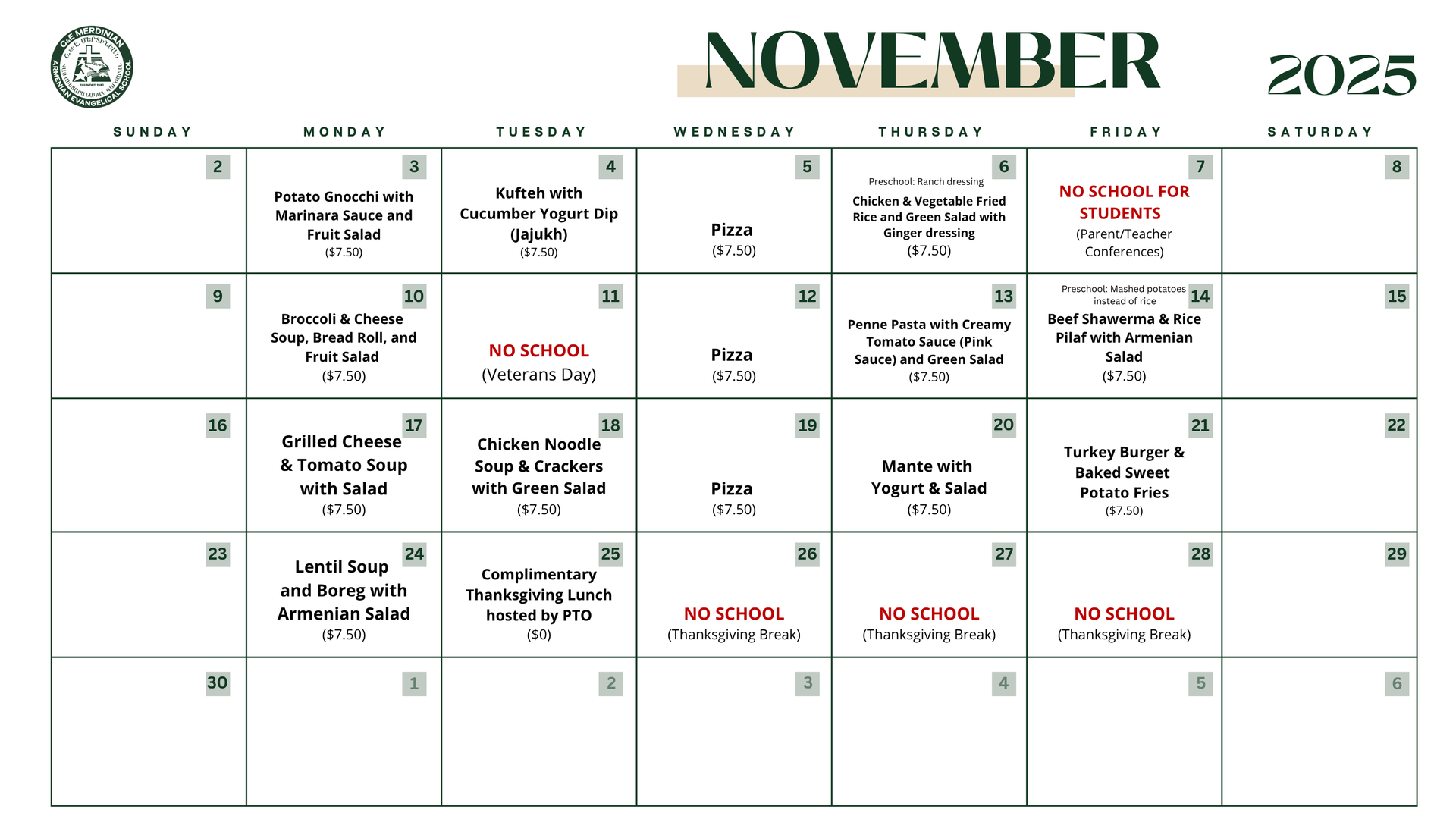 NOV 2025 Lunch Menu