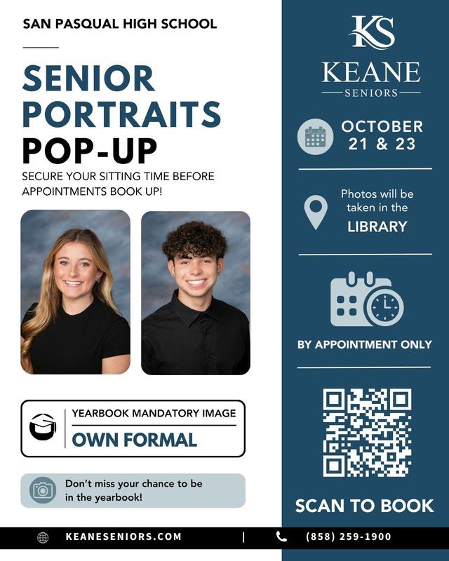 Senior portrait event poster featuring two students and event details.