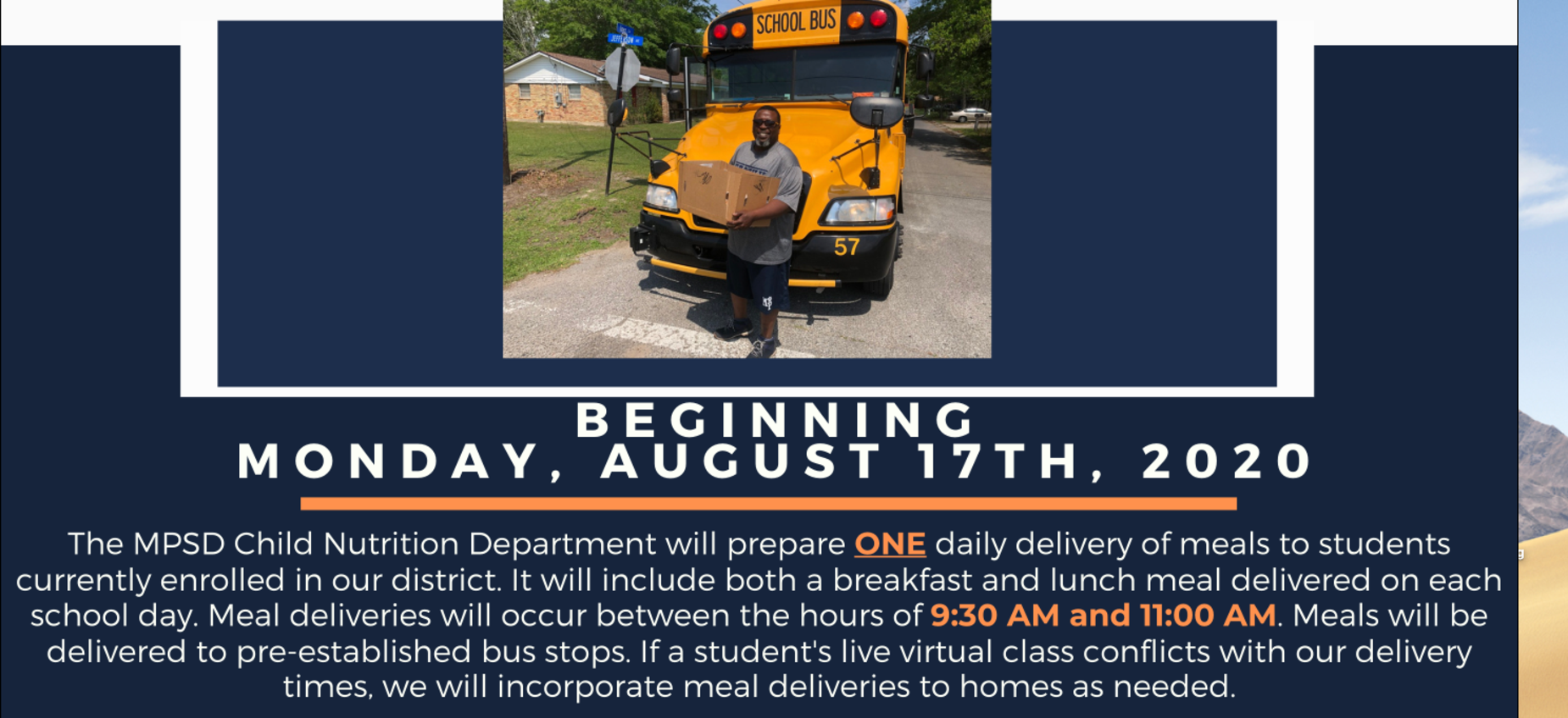 Meal deliveries will begin Monday, August 17th.