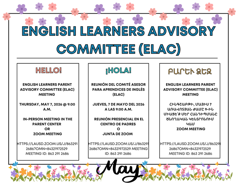 ELAC Meeting | Thursday, May 7, 2026 @ 9 AM Featured Photo
