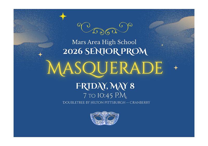 a blue background with wisps of yellow and infomation about Mars Area High School's Senior Prom