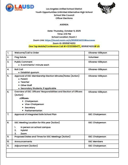 SSC flyer: Parent Elections & Officer Training, October 9, 2025 at 2:10 PM, YOUAHS