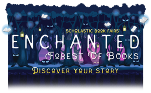 Whimsical forest scene with glowing eyes and lanterns, featuring text about a book fair.