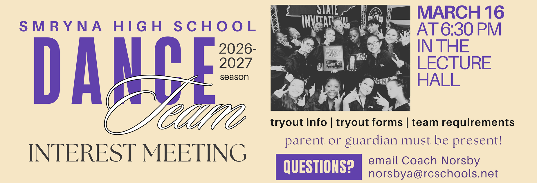 Dance Team Interest Meeting March 16 at 6:30pm in the Lecture Hall