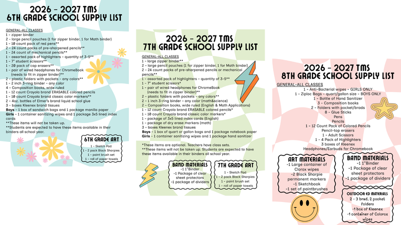 screenshot of TMS school supply lists for 2026-27