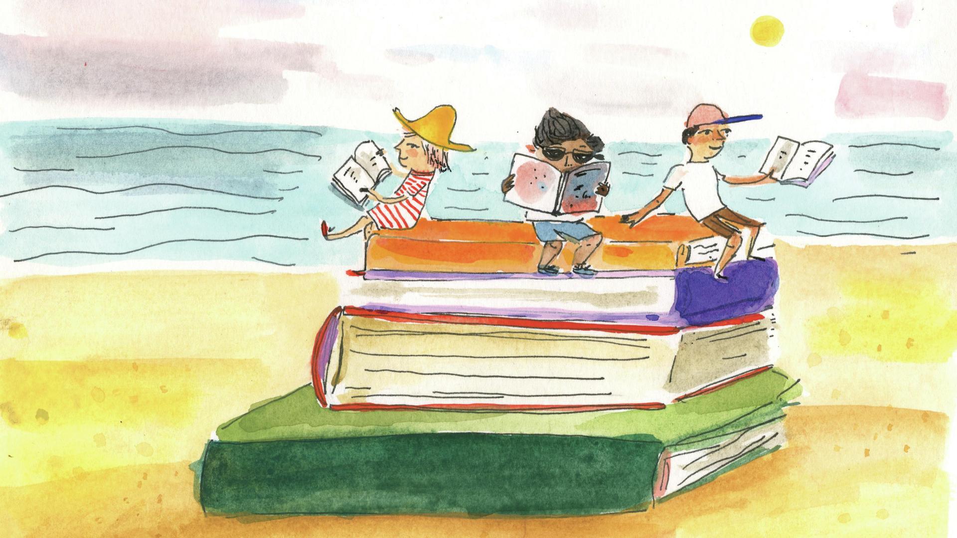 children reading at the beach