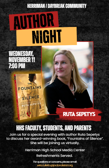 Author Night with Ruta Sepetys on November 11th in the Media Center