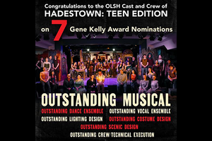 cast of Hadestown: Teen Edition on stage with text in red and white listing nominations