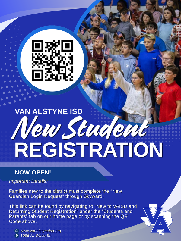 Poster advertising New Student Registration. Includes information on finding the links on our website. Also includes a QR code linking to registration page.