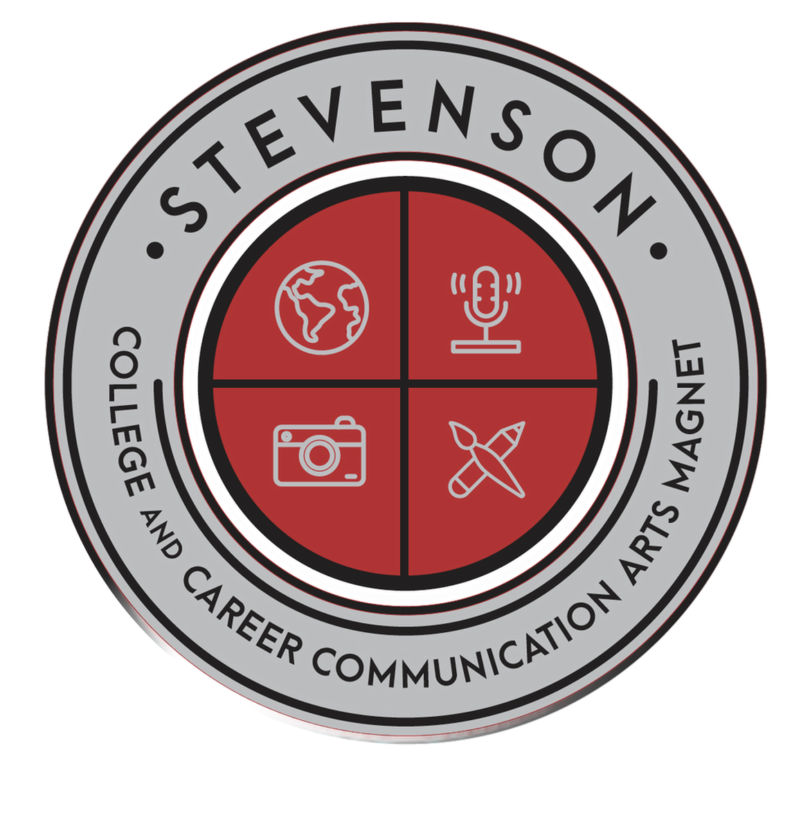 Picture of Comm arts magnet logo, a grey circle with the letters communication arts magnet