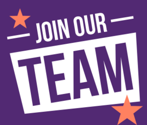 White text saying Join Our Team in front of a purple background