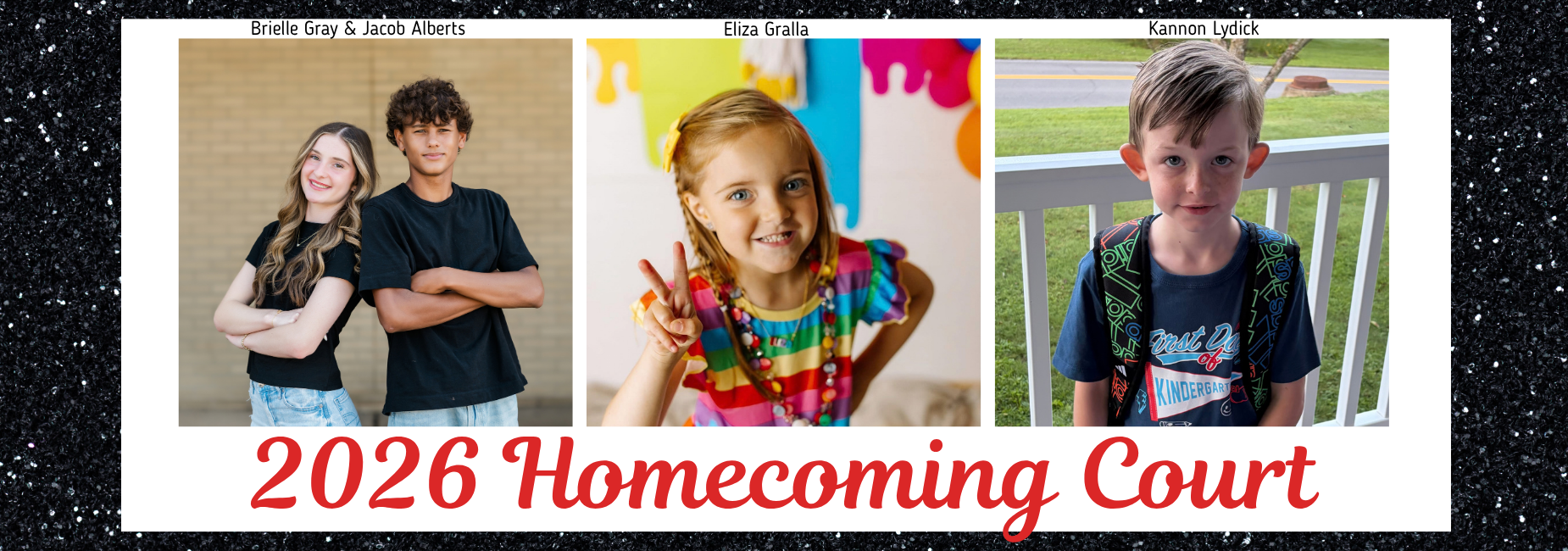 Three children, smiling and posing, showcasing their personalities for the 2026 Homecoming Court.