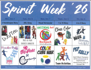 Spirit Week '26 schedule and details. Contains images of Mickey and Minnie Mouses duo, condiment trio, a girl holding football, a PPF logo, a women wearing minion, a Spiderman suit, a movie character, a pink volleyball, a white volleyball, a backpack with crossed out sign, a cube with colors on it, 4 class mascots, a graphic of four stick figures working together, and Rangers Logo