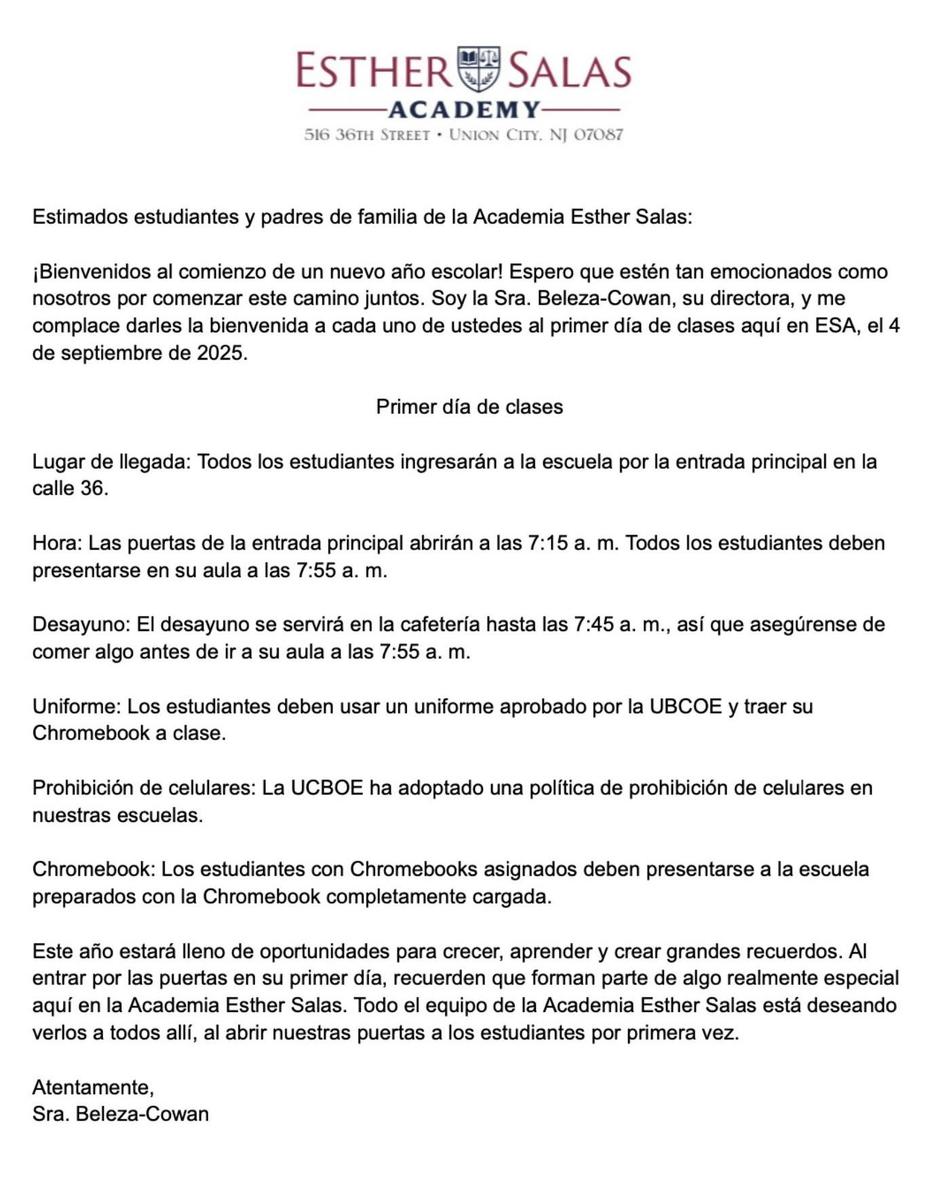 Esther Salas Academy-First Day of School Information-Spanish Version