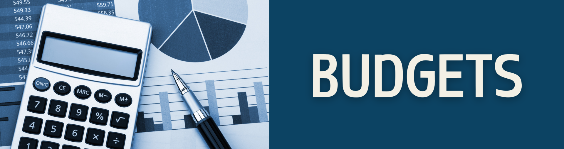 Budgets - Calculator, pen, & spreadsheet