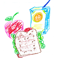Crayon drawing of apple, sandwich, and juice box.