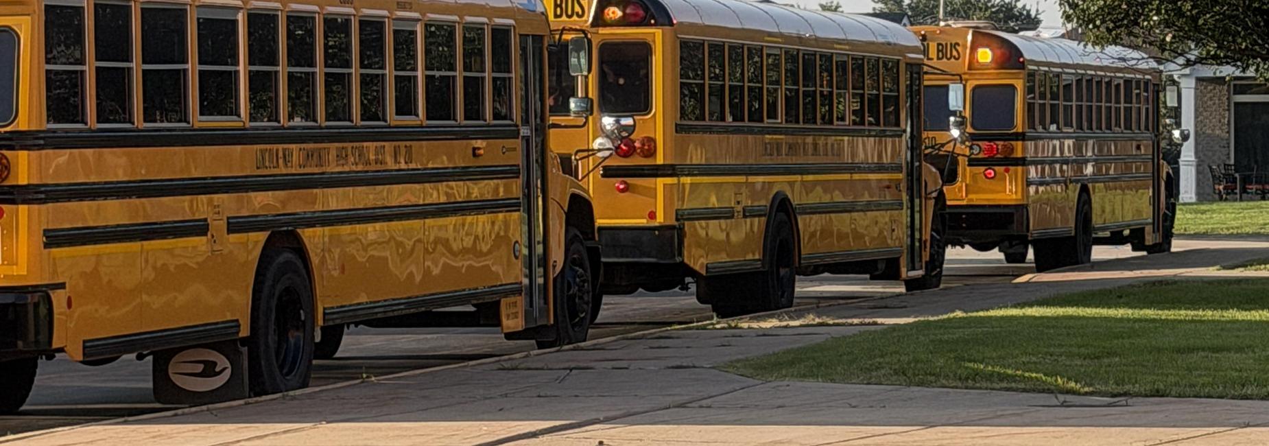 Line of yellow school buses parked on a paved area near grassy spaces.