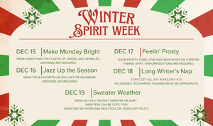Colorful flyer with Winter Spirit Week information.