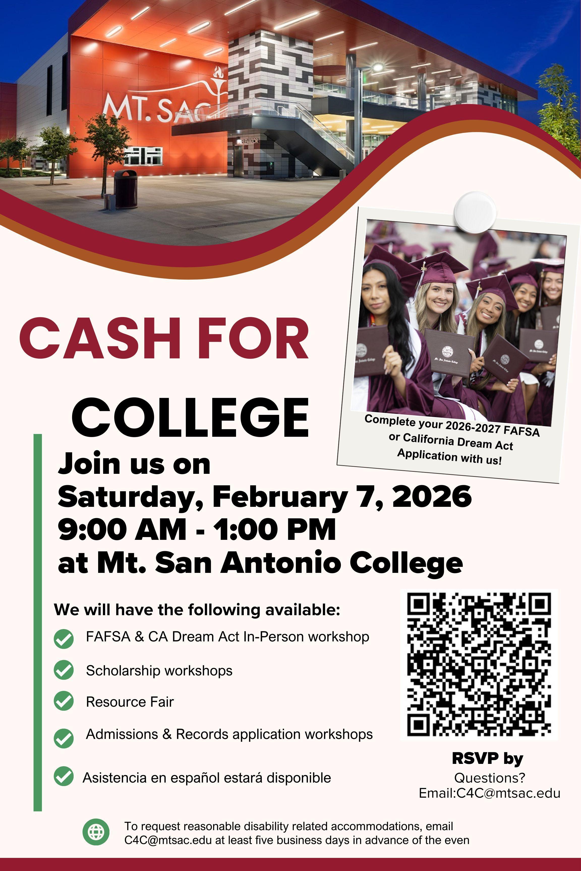 Red and white flyer for a college event, featuring text about financial aid and workshops.