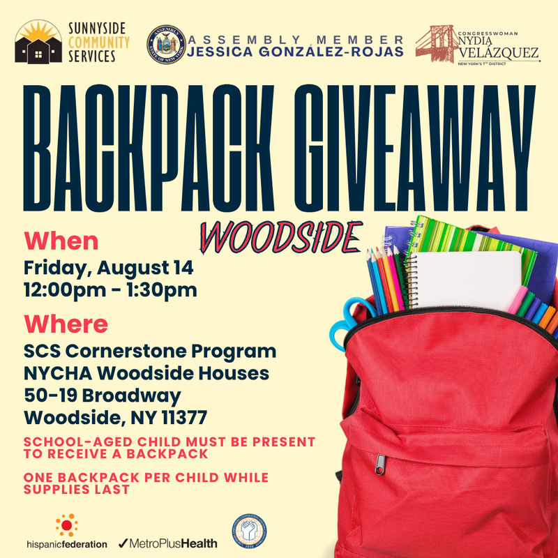 Backpack giveaway flyer with a picture of a backpack. All the information is in text.