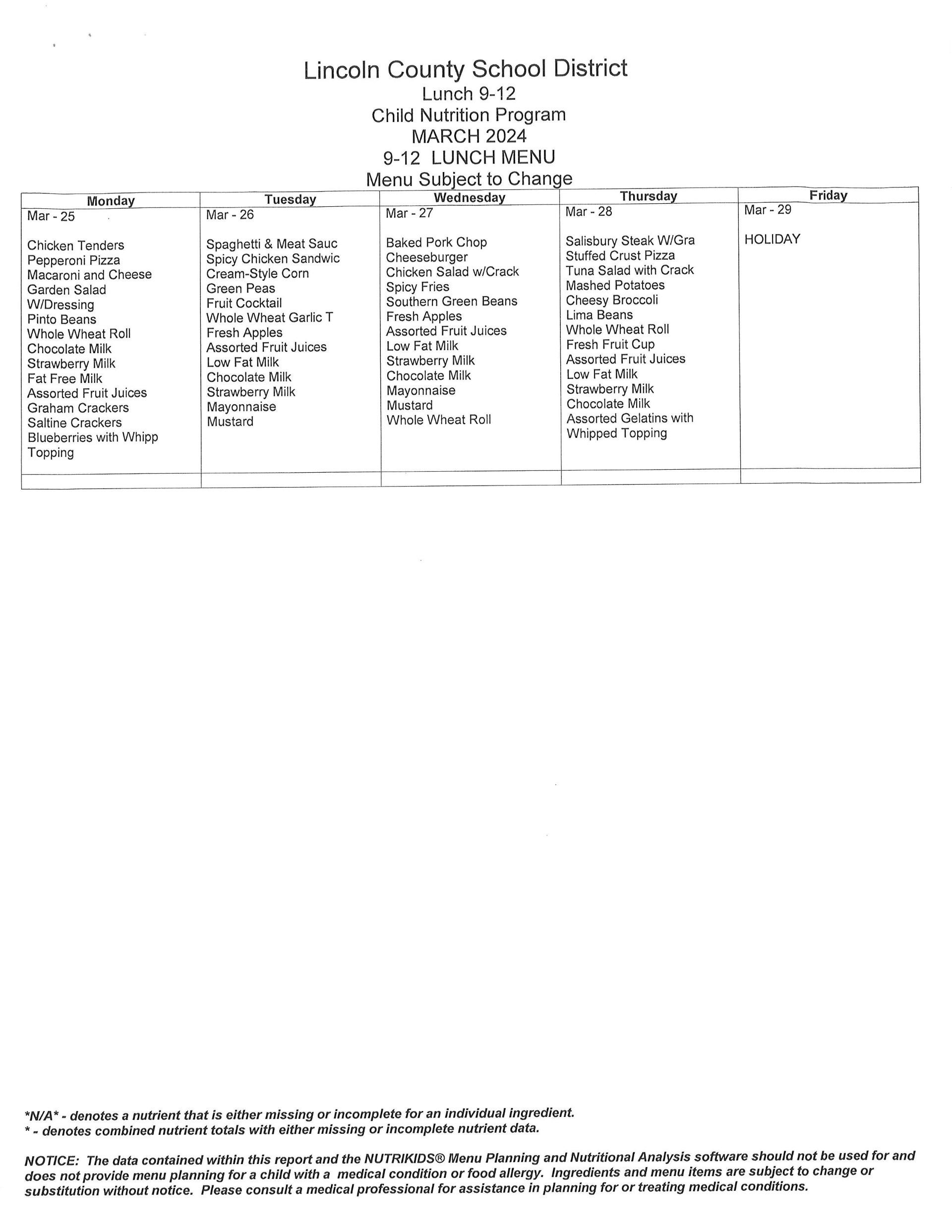 Breakfast & Lunch Menus Child Nutrition Program Lincoln County