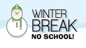 Snowman wearing a green scarf with text saying 'Winter Break No School'.