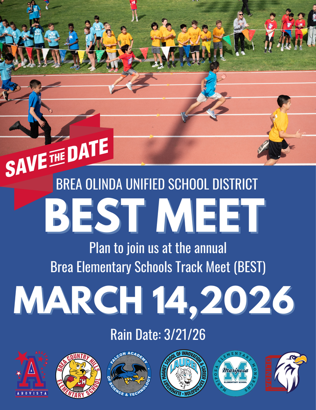 flyer with BEST Meet date and school logos. A photo of runners at the top