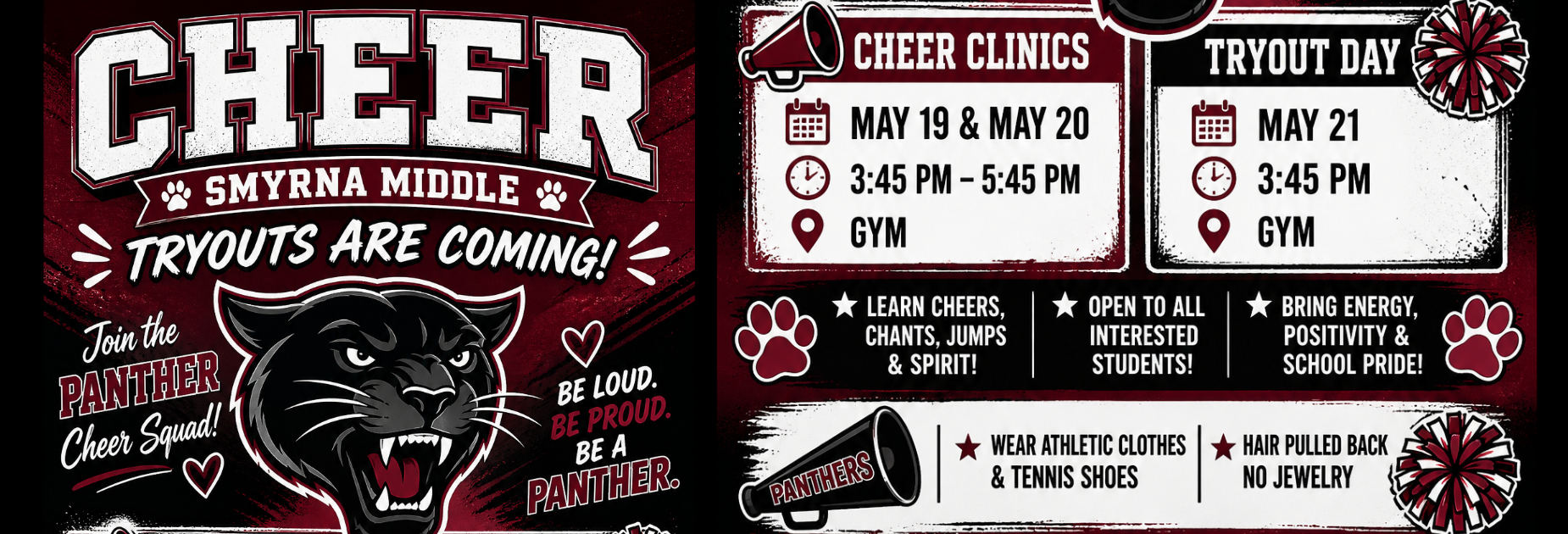 Cheer Tryouts May 19th, May 20th, May 21st from 3:45 to 5:45 pm in the SMS GYM.