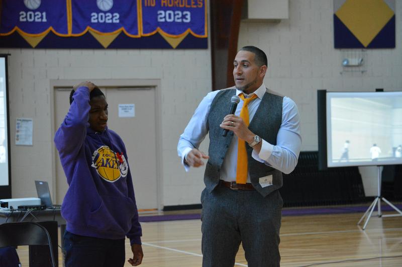 Gian Paul Gonzalez speaks to the OLSH student body