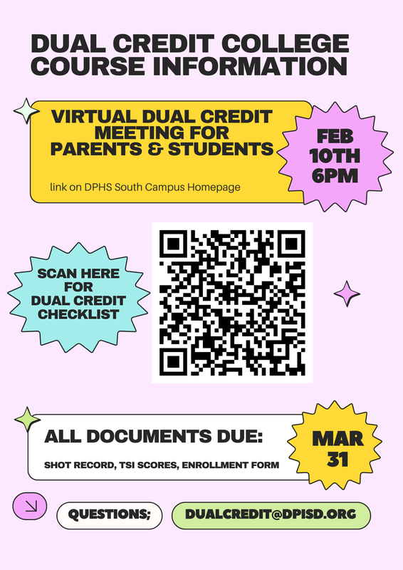 Colorful flyer announcing virtual dual credit meeting for students and parents.