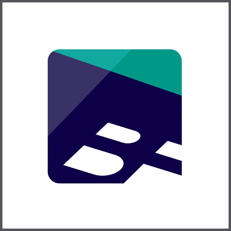 Colorful logo with stylized letter B and geometric shapes.
