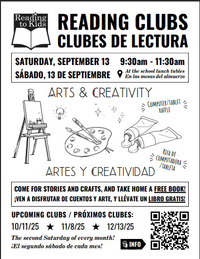 Black and white flyer advertising the Reading to Kids Book Club on Saturday September 13. Flyer includes line drawings of various art supplies.