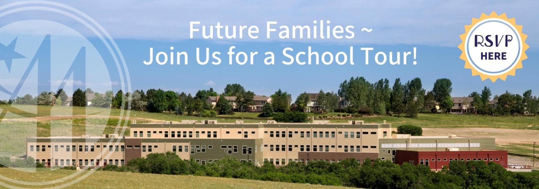 Invitation to a school tour with a building and green landscape.