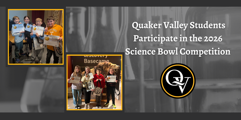Image announces QV's participation in the 2026 science bowl and depicts two teams posing with their certificates in the museum.