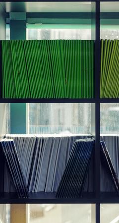 Shelves filled with neatly stacked green and white folders.