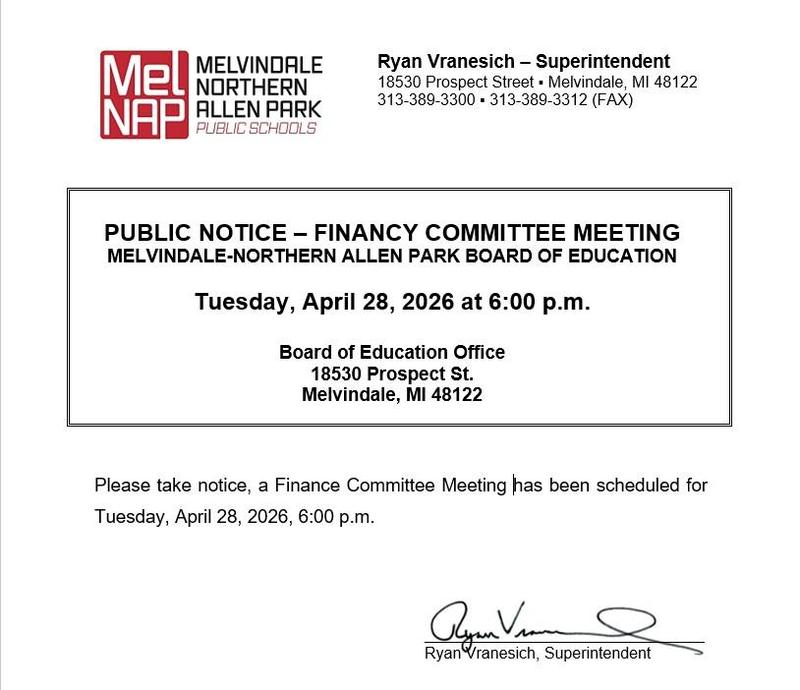 Finance Committee Meeting Notice 4-28-26 6:00 pm MelNAP Board of Ed Office