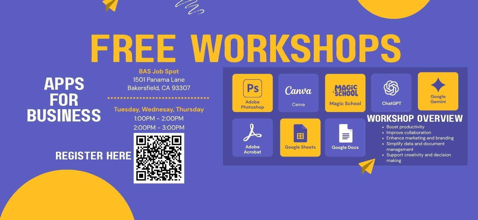 Promotional flyer for free workshops on various software at BAS Job Spot.
