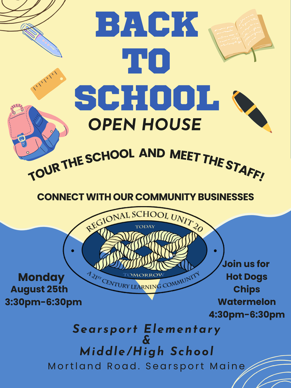 Back To School Open House- Tour the School and Meet the Staff- Connect wit our Community Businesses Monday 8/25/25 3:30pm-6:30pm Join us for a bite to eat, Hot Dogs, Chips, Watermelon 4:30pm-6:30pm
