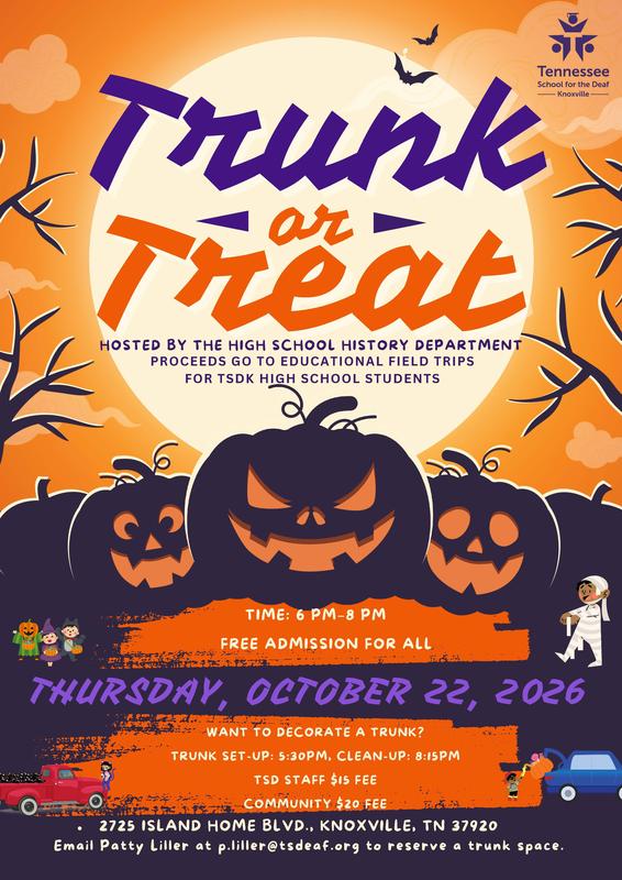 Halloween-themed flyer for Trunk or Treat event with pumpkins and event details.