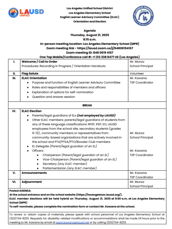 8/21/25 ELAC Agenda