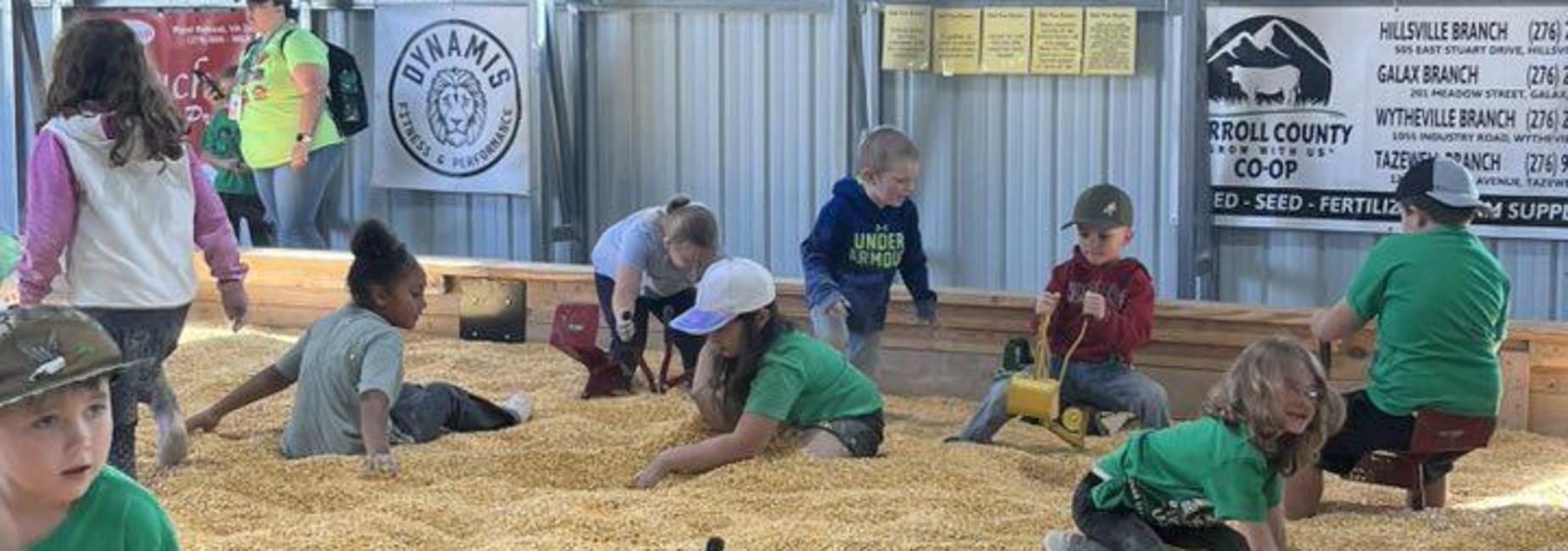 Students playing in the corn bin while on their field trip to Richdale Farms