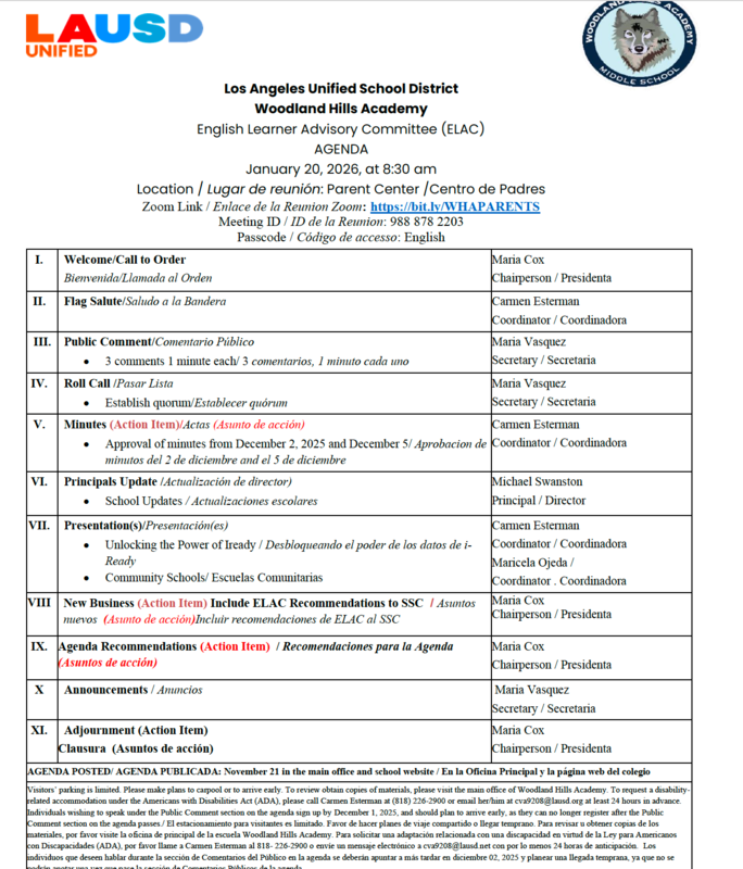 ELAC Agenda - Tuesday, 1/20/26 - 8:15 AM