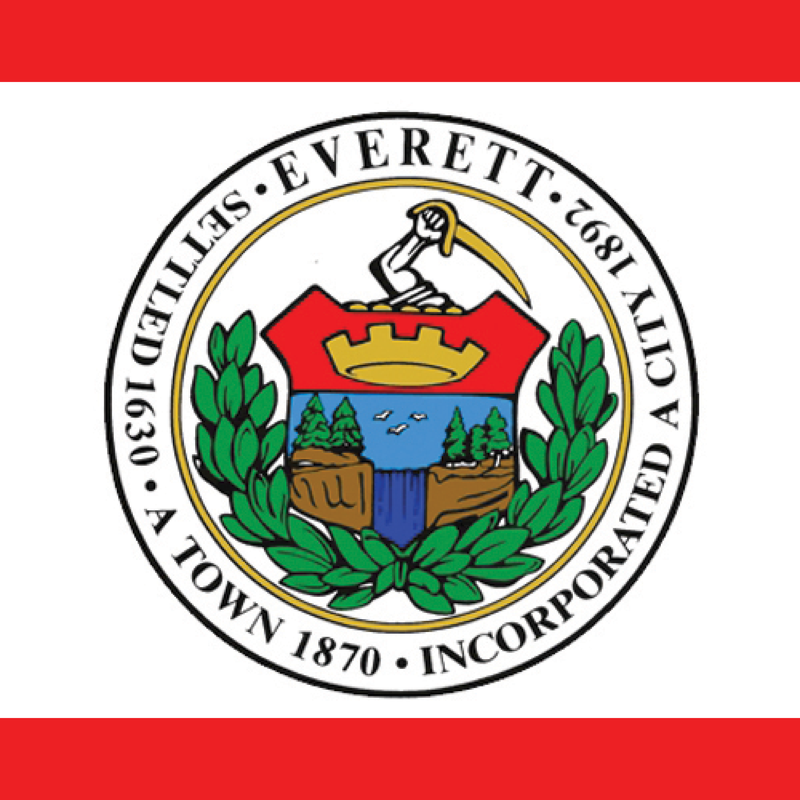 Seal of Everett featuring a castle and landscape surrounded by laurel leaves.