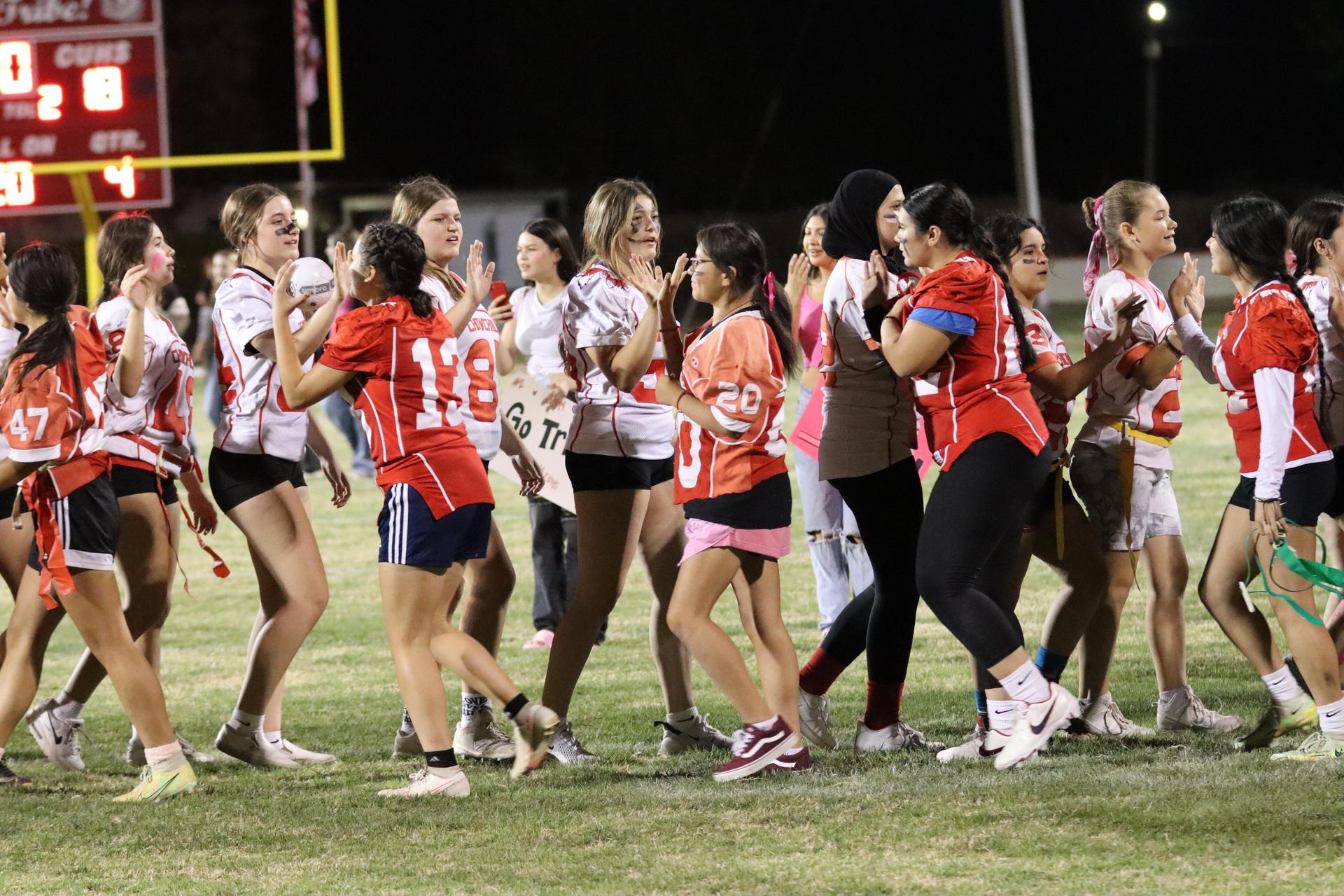 students shaking hands after the game