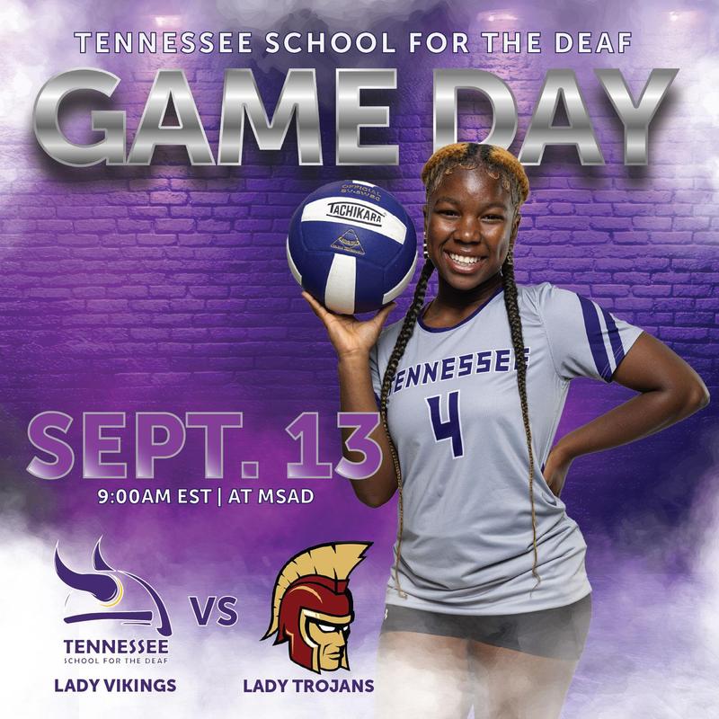 Volleyball flyer against Minnesota State Academy of the Deaf on September 13, 2025, at 9:00 AM EST.