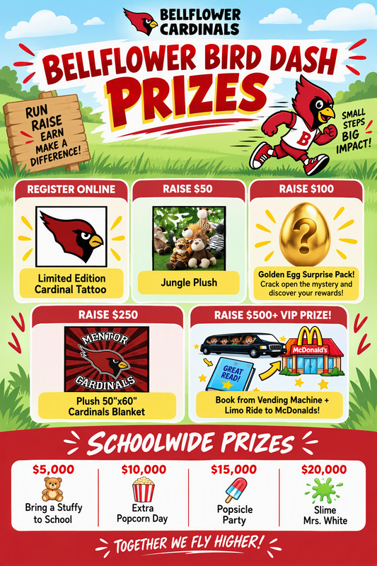 Colorful flyer for Bellflower Bird Dash prizes and fundraising details.