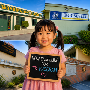 A young girl holding an "Enroll Now" sign