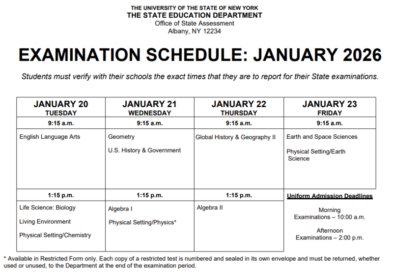 January 2026 Regents Exams schedule