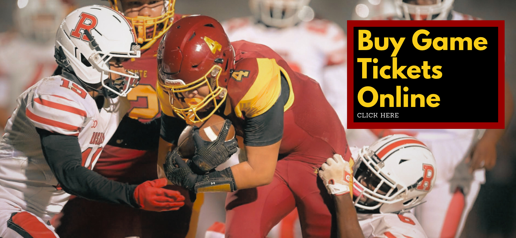 A football player being tackled by opponents, with a ticket purchase advertisement.